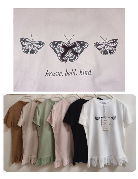 Camiseta con mariposas y bajo de encaje