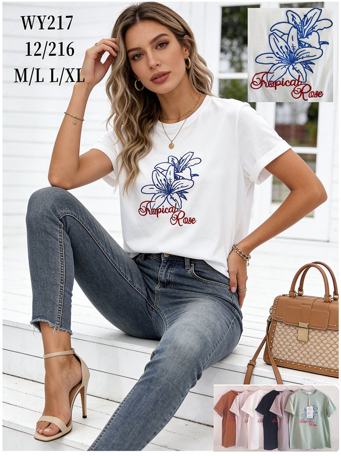 Camiseta bordada floral tropical