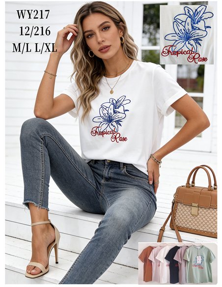 Camiseta bordada floral tropical