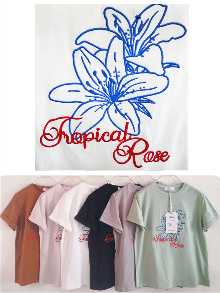 Camiseta bordada floral tropical