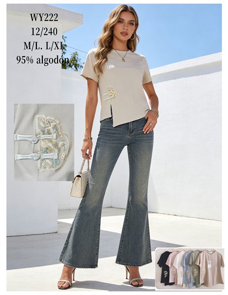 T-shirt asymétrique à fermeture orientale brodée