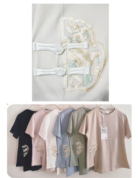 T-shirt asymétrique à fermeture orientale brodée