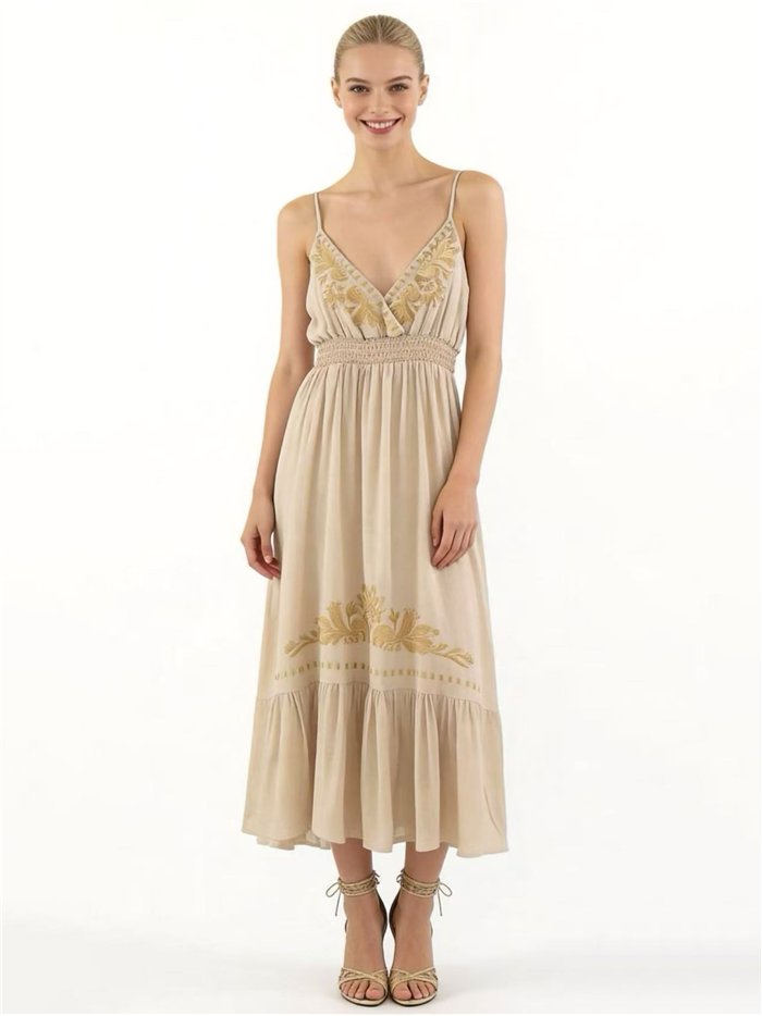 Vestido largo de lino bordado