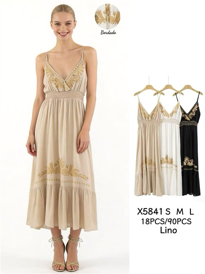 Vestido largo de lino bordado