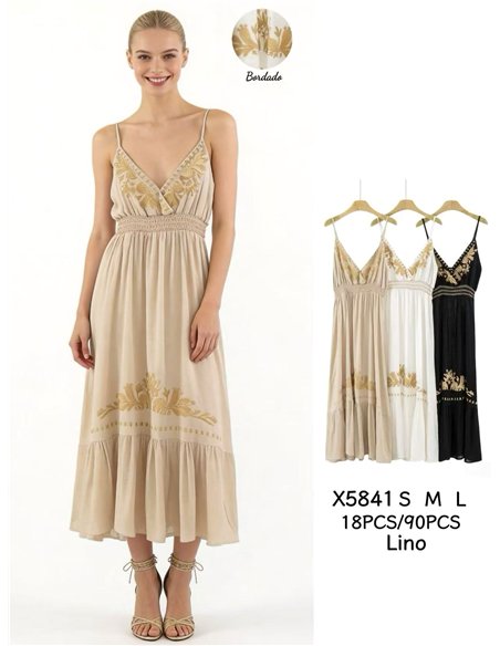 Vestido largo de lino bordado