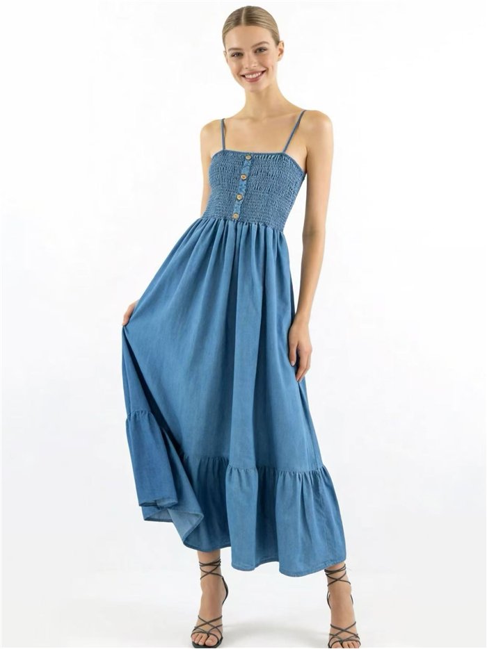 Robe longue froncée effet denim avec bretelles