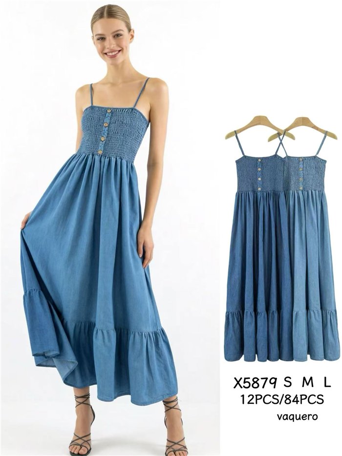 Robe longue froncée effet denim avec bretelles