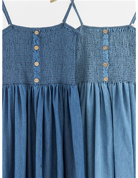 Robe longue froncée effet denim avec bretelles