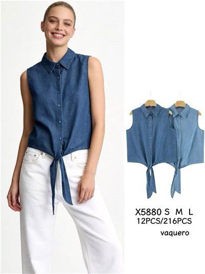 Camisa símil denim sin mangas con lazada 2