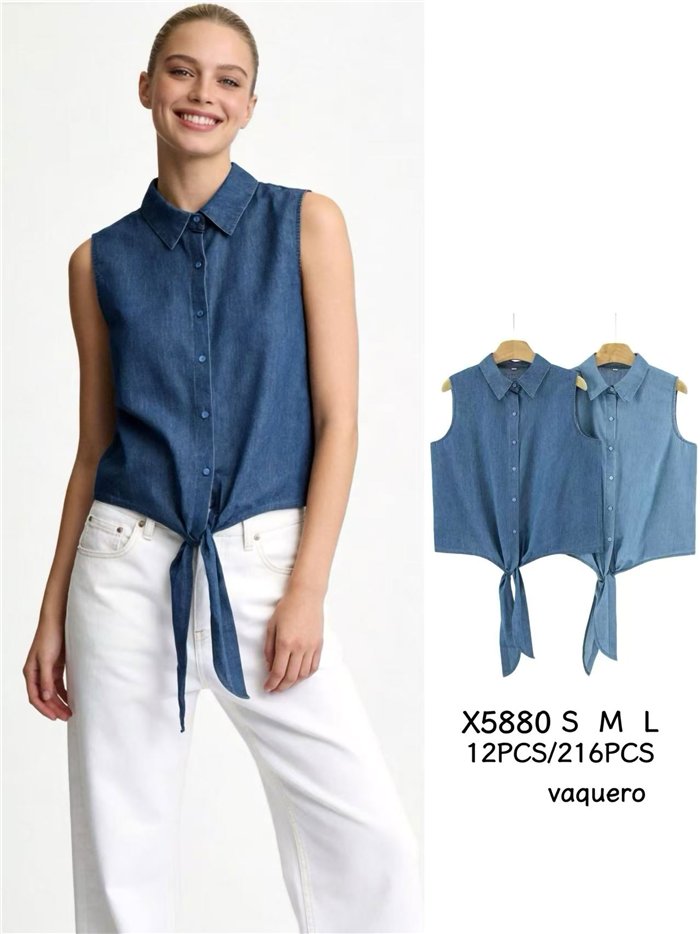 Ärmelloses Hemd aus Kunstjeans mit Krawatte