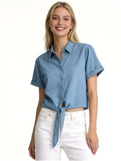 Camisa símil denim de manga corta con lazada