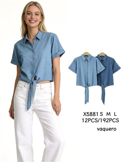 Camisa símil denim de manga corta con lazada 2