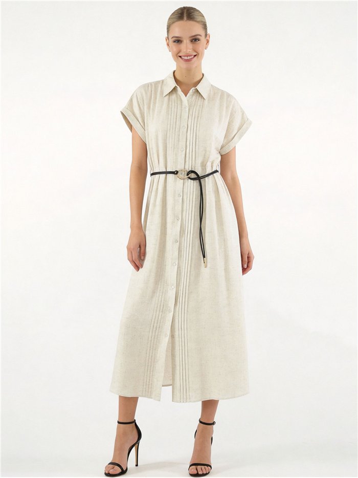 Vestido camisero midi de lino con cinturón
