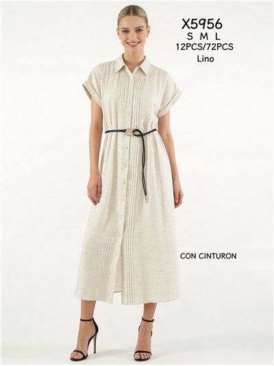 Vestido camisero midi de lino con cinturón 2