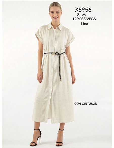 Vestido camisero midi de lino con cinturón