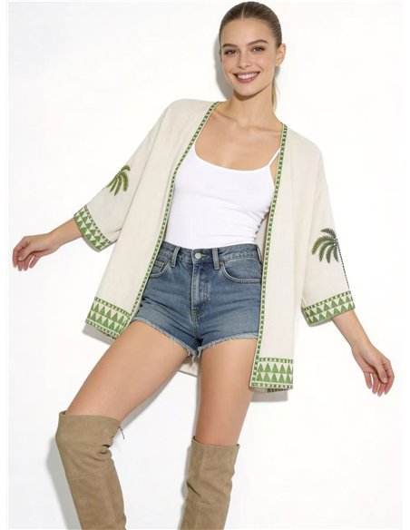 Kimono de lino con bordado de palmeras