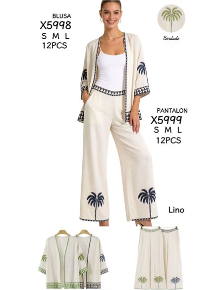 Kimono de lino con bordado de palmeras