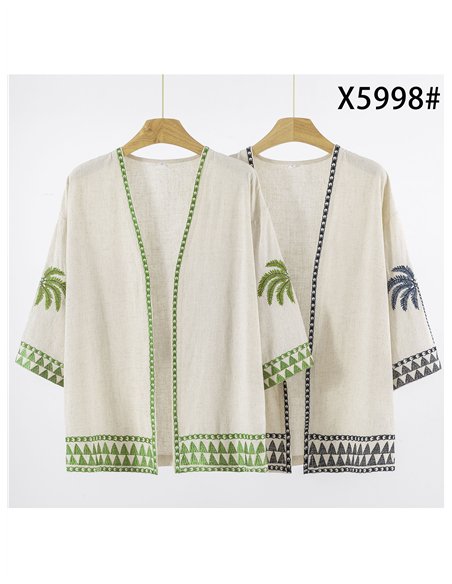 Kimono de lino con bordado de palmeras