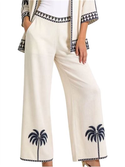 Pantalón de lino con bordado de palmeras