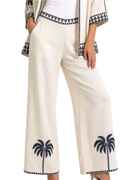 Pantalón de lino con bordado de palmeras