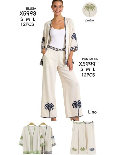 Pantalón de lino con bordado de palmeras 2