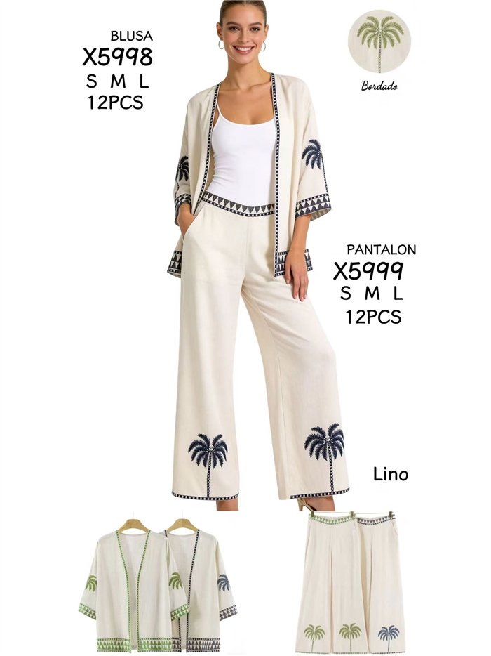 Pantalón de lino con bordado de palmeras