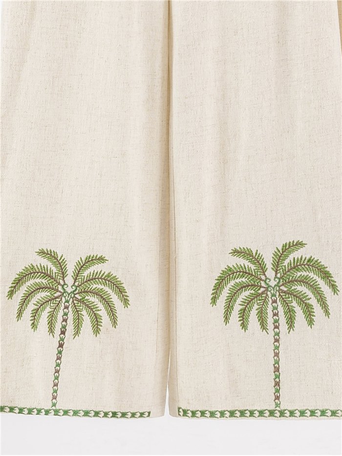 Pantalón de lino con bordado de palmeras
