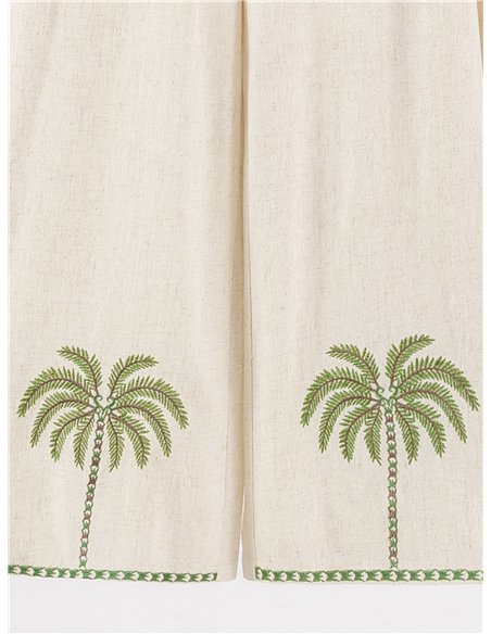 Pantalón de lino con bordado de palmeras