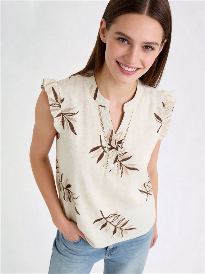 Blusa de lino bordada hojas con volante