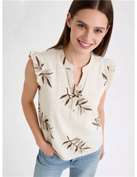 Blusa de lino bordada hojas con volante
