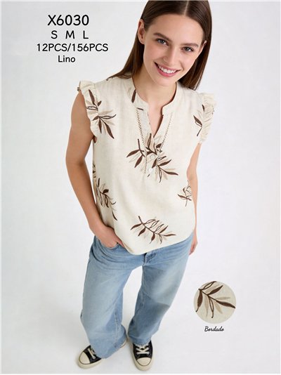 Blusa de lino bordada hojas con volante 2