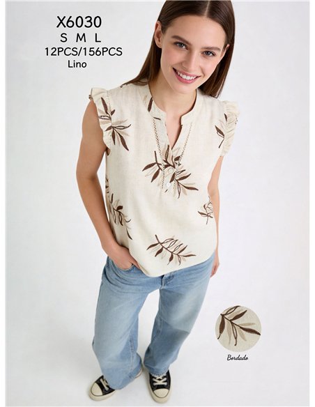 Blusa de lino bordada hojas con volante