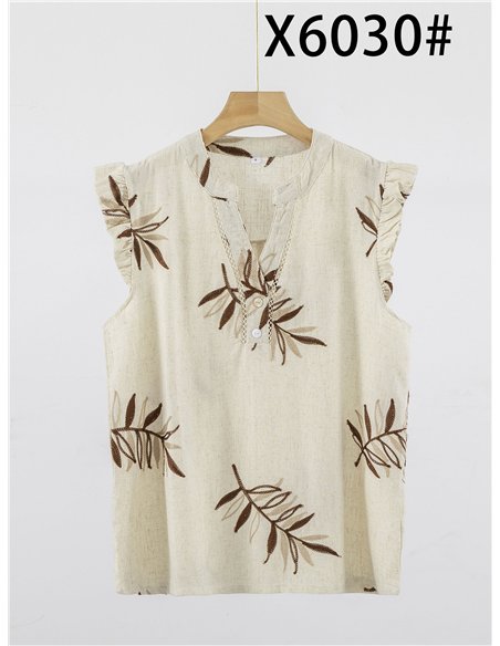 Blusa de lino bordada hojas con volante