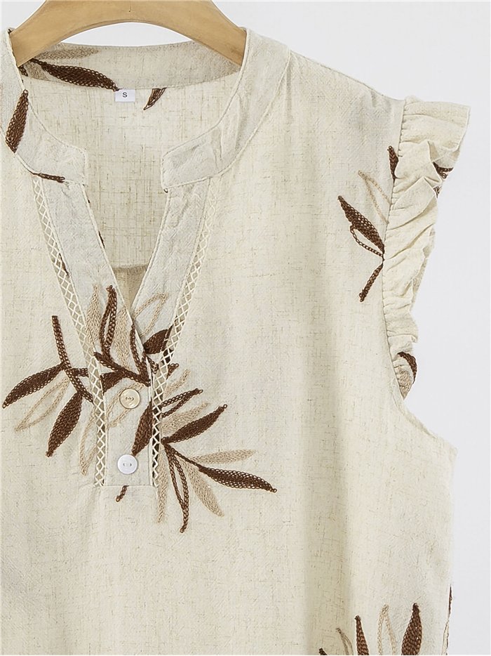 Blusa de lino bordada hojas con volante