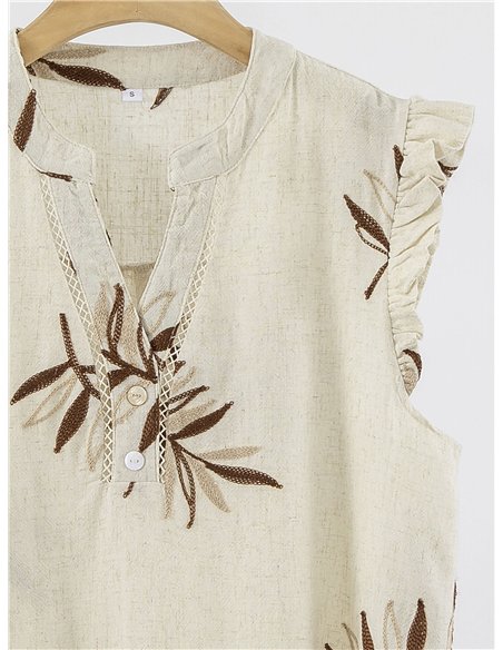 Blusa de lino bordada hojas con volante