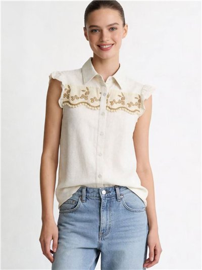 Camisa de lino bordada con volante