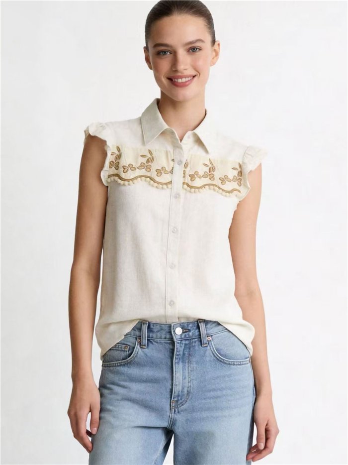 Camisa de lino bordada con volante
