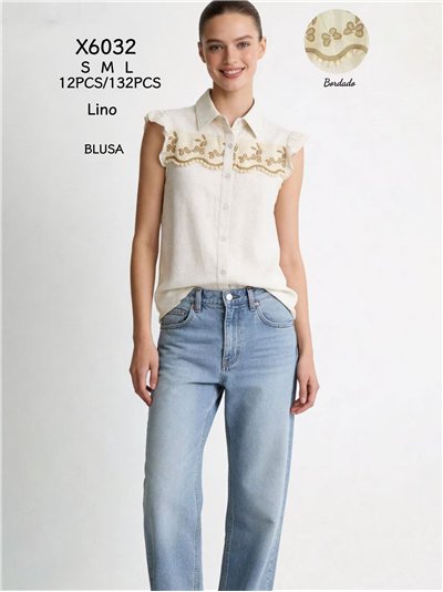 Camisa de lino bordada con volante 2