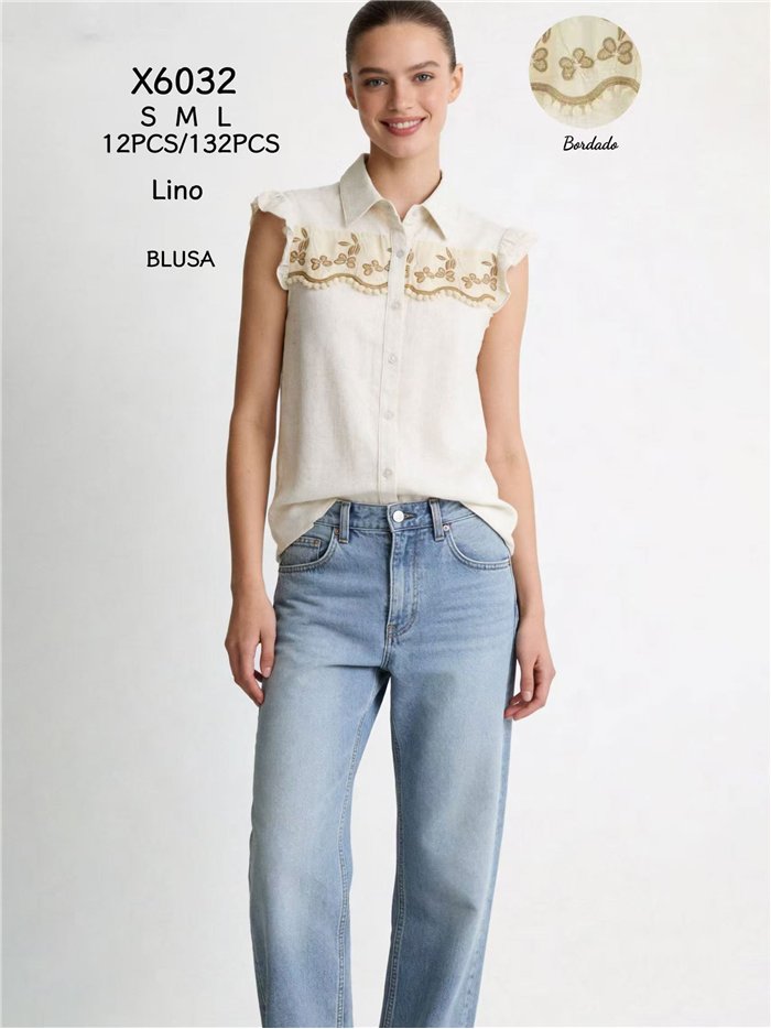 Camisa de lino bordada con volante