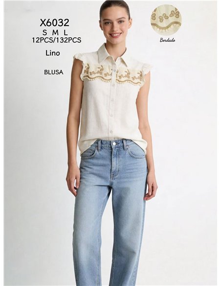 Camisa de lino bordada con volante