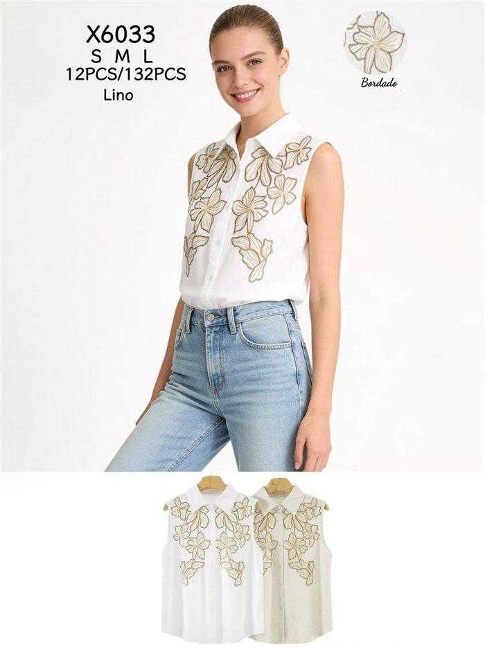 Camisa sin mangas con bordado floral