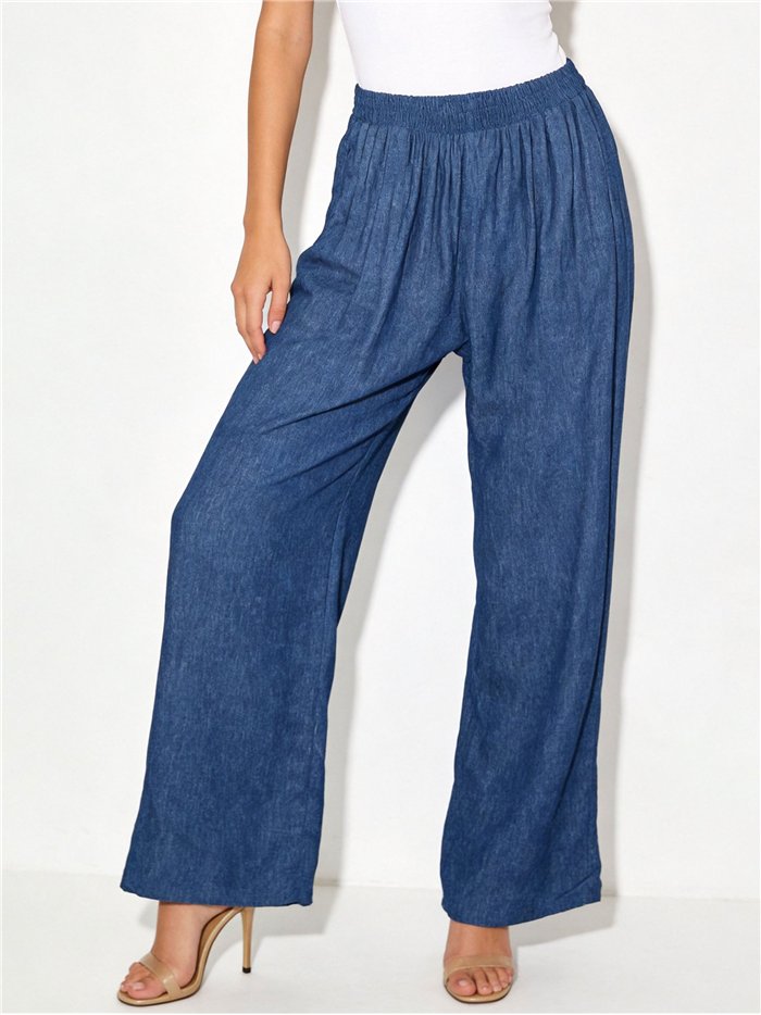 Pantalón wide-leg símil denim de cintura elástica
