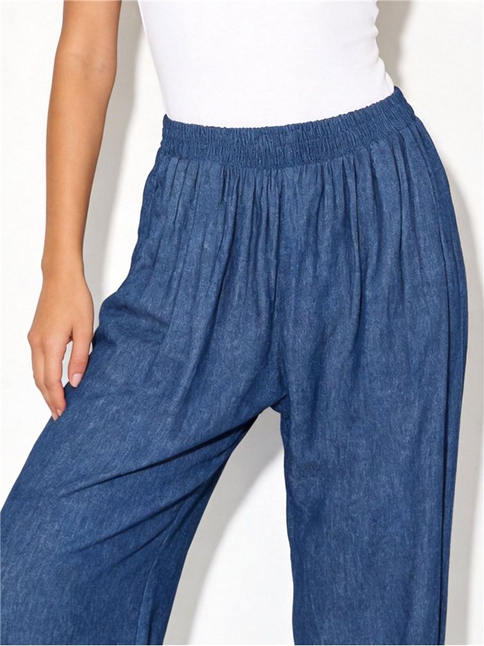 Pantalón wide-leg símil denim de cintura elástica