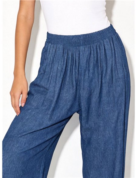 Pantalón wide-leg símil denim de cintura elástica