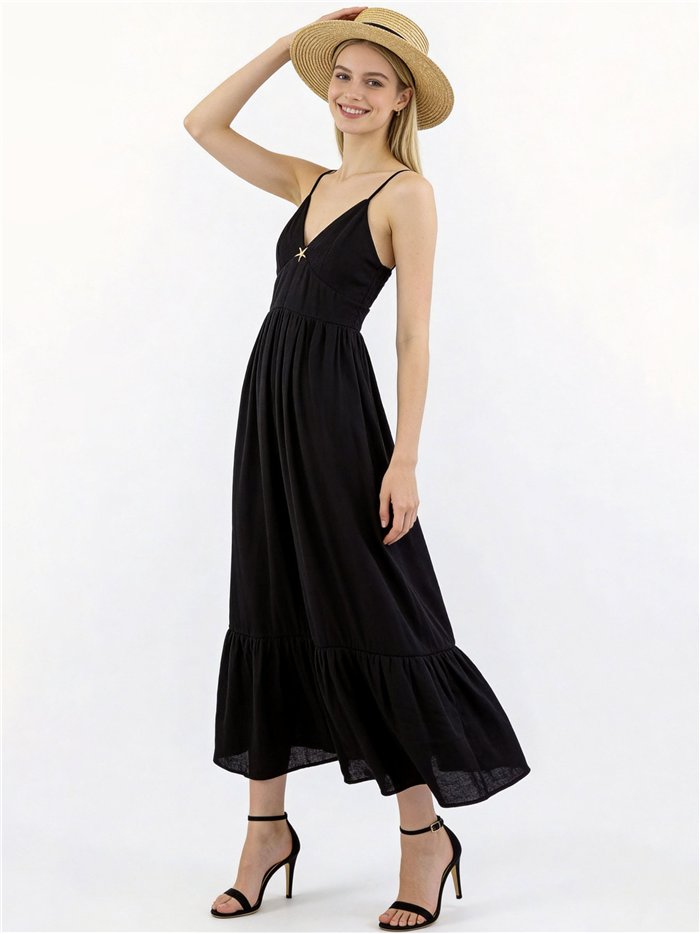 Vestido largo de lino tirantes con broche de estrella marina