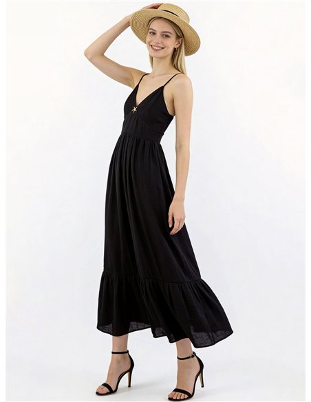 Vestido largo de lino tirantes con broche de estrella marina