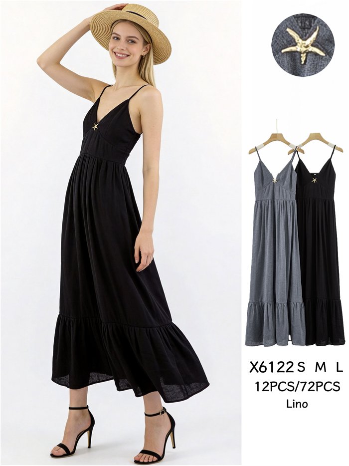 Vestido largo de lino tirantes con broche de estrella marina