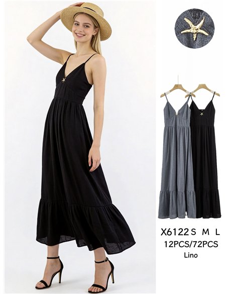 Vestido largo de lino tirantes con broche de estrella marina