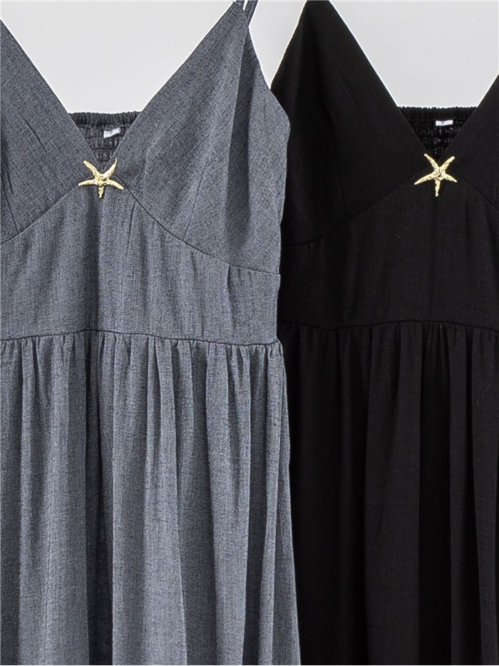 Vestido largo de lino tirantes con broche de estrella marina