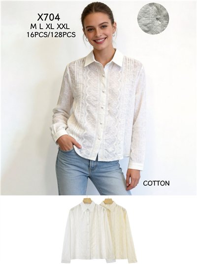 Camisa de algodón con jaretas y encaje 2